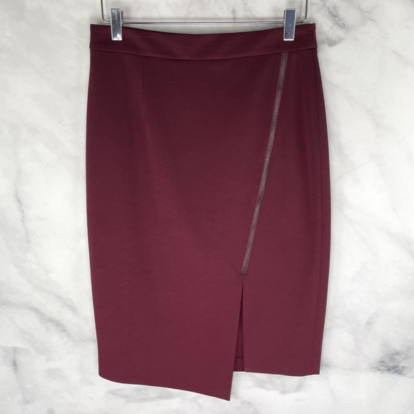 Halogen Asymmetric Hem Zipper Pencil Skirt Preppy Moto Contemporary Burgundy 8 - Picture 1 of 9